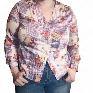 Vintage 90s Floral Patchwork Satin Blouse - Large